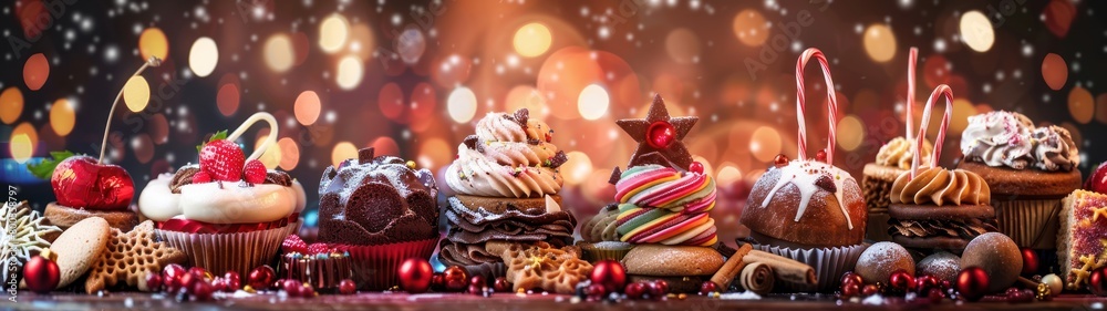 A table full of various cupcakes and Christmas decorations against a bokeh background. A table full of various cupcakes and Christmas decorations against a bokeh background.