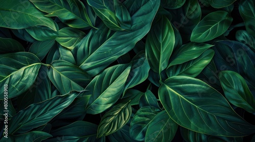 Lush green foliage and dense  tropical leaves on a dark background