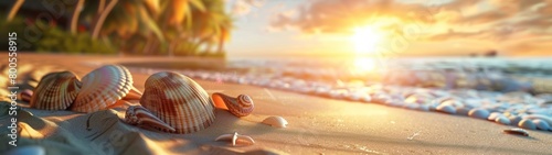 A sunset over a beach with a row of seashells lined up in the sand. Travel, tourism and vacation concept.