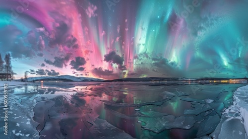 A panoramic view of a frozen lake reflecting the vivid hues of the northern lights, creating a surreal and captivating scene.