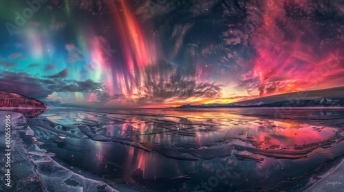 A panoramic view of a frozen lake reflecting the vivid hues of the northern lights, creating a surreal and captivating scene.