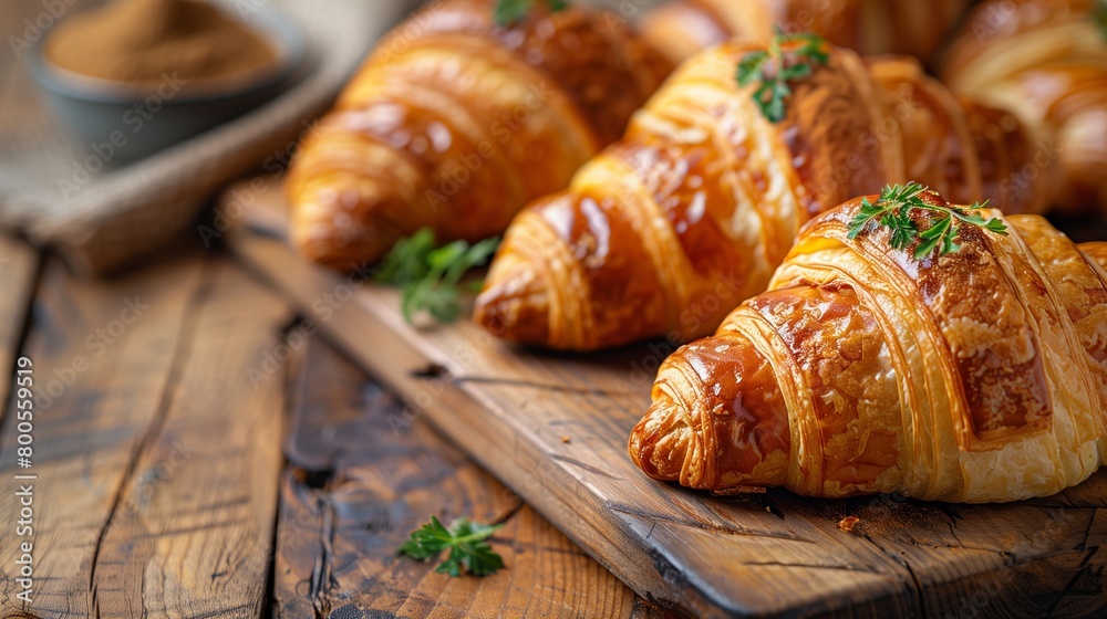 Freshly baked croissants with golden crust on rustic wooden table, morning light, copy space for text on left