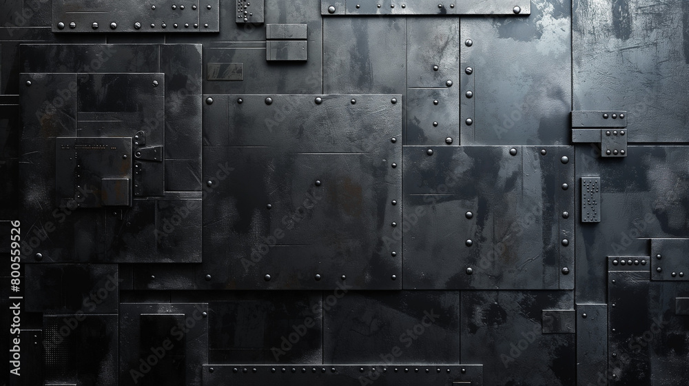 Aged metallic door with rivets and bolts, showcasing a dark and mysterious aesthetic suitable. For electronic music, covers, games, screensaver, illustrations related to historical or fantasy projects