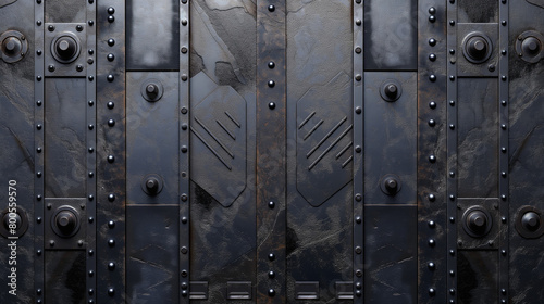 Aged metallic door with rivets and bolts, showcasing a dark and mysterious aesthetic suitable. For electronic music, covers, games, screensaver, illustrations related to historical or fantasy projects