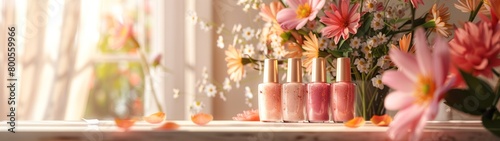 On the windowsill there is a row of bottles of nail polish in different shades of pink. In the background is a vase of flowers.