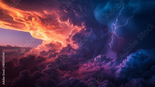 A dramatic depiction of a severe storm, with bright lightning bolts striking through dark and ominous clouds.