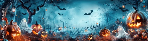 A spooky Halloween scene with glowing jack-o-lanterns, ghosts, bats, and a graveyard in a dark, foggy forest. Halloween and All Saints Day concept.