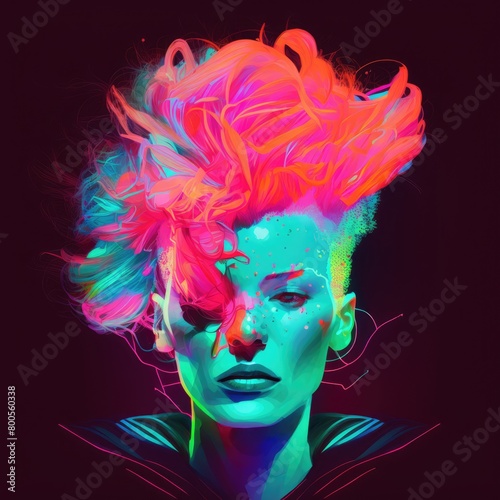 An illustration neon-infused portrait of a person with abstract, neon shapes surrounding their head, and glowing, neon-colored hair © positfid
