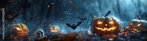 Spooky Halloween scene with carved pumpkins, bats and skull in the forest. There are flames in the eyes of the pumpkins, and in the background there is a dark forest with bats. Halloween and All Saint