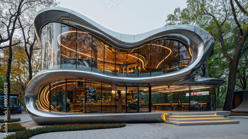 Exterior architecture of a futuristic take-out restaurant is a vision of sleek, modern design. Smooth, reflective surfaces. photo