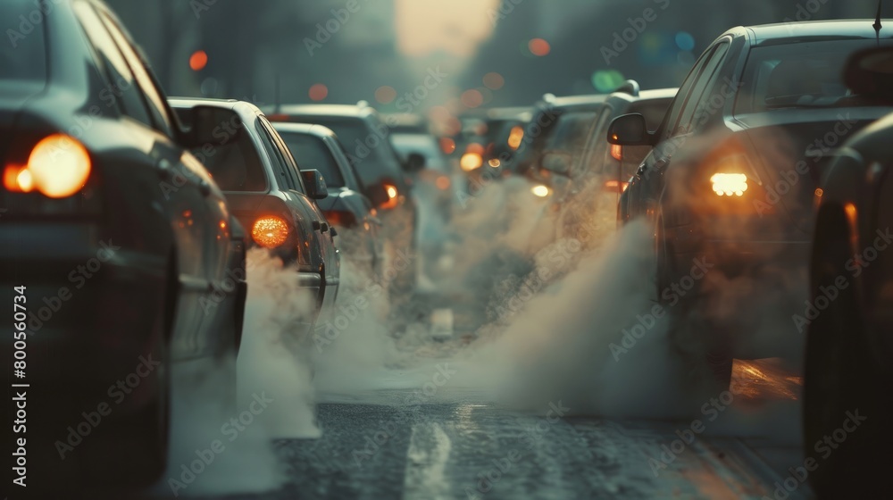 Fototapeta premium An atmospheric scene of blurred car silhouettes, enveloped by steam rising from their exhaust pipes on a cold day.