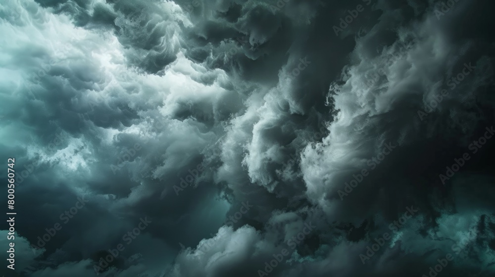 Naklejka premium A dramatic scene of intense black clouds gathering before a thunderstorm, creating a moody and ominous atmosphere.