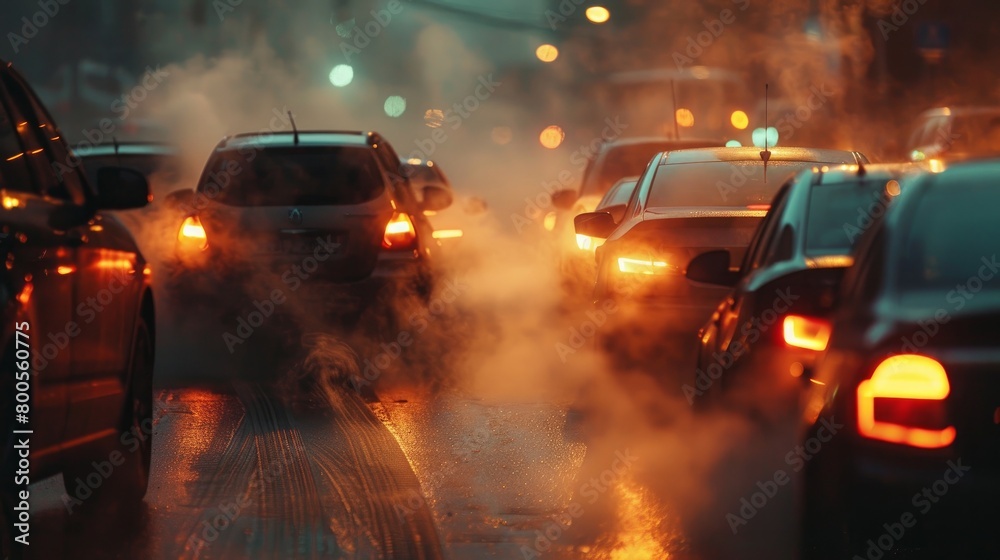 An atmospheric scene of blurred car silhouettes, enveloped by steam rising from their exhaust pipes on a cold day.
An atmospheric scene of blurred car silhouettes, enveloped by steam rising from their exhaust pipes on a cold day.