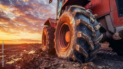 A powerful image of large rubber wheels on a soil grading tractor at a road construction site, showcasing heavy-duty machinery in action.