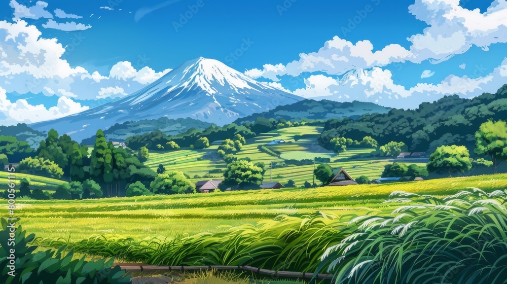 A peaceful countryside scene with Mount Fuji peeking out from behind rolling hills and verdant fields, a serene symbol of rural Japan.