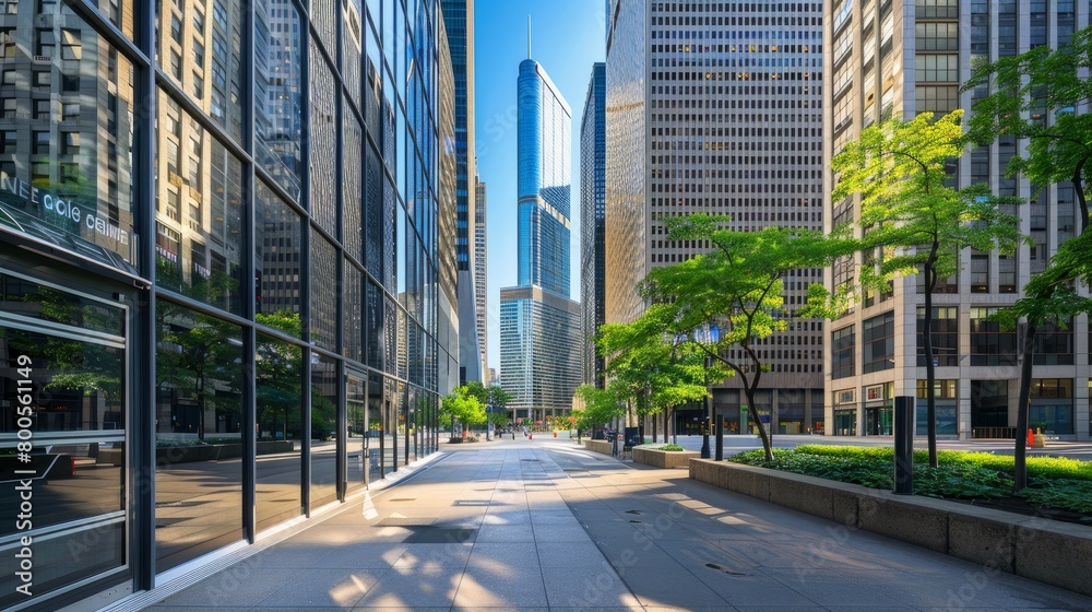 Fototapeta premium A cityscape featuring modern corporate office buildings, characterized by sleek glass facades and sharp architectural lines.