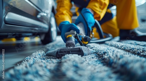 A detailer using a carpet extractor to deep clean and shampoo the carpets and floor mats of a car, removing stains and odors for a fresh interior.
