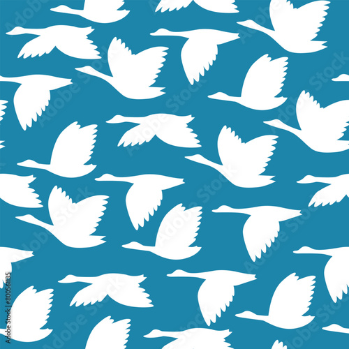seamless pattern with silhouettes of white swans on a sky background, textile, background, decoration, design.