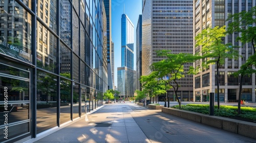 A cityscape featuring modern corporate office buildings, characterized by sleek glass facades and sharp architectural lines.