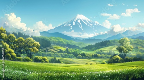 A peaceful countryside scene with Mount Fuji peeking out from behind rolling hills and verdant fields, a serene symbol of rural Japan.
