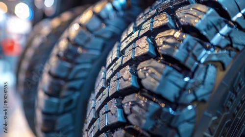 A detailed close-up of brand new tires stacked in an auto repair service center, highlighting tread patterns and rubber quality