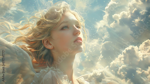 A blonde angel gazes upwards, embodying serenity and grace, with soft, ethereal light illuminating her features against a celestial backdrop