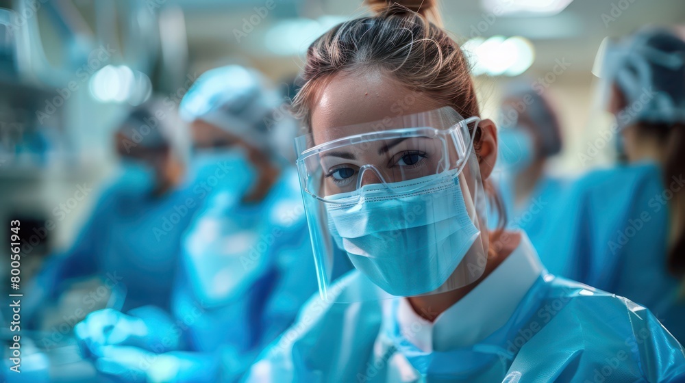 The image captures a team of surgeons focused on a surgical procedure, dressed in blue scrubs, in a well-equipped operating room The image captures a team of surgeons focused on a surgical procedure, dressed in blue scrubs, in a well-equipped operating room