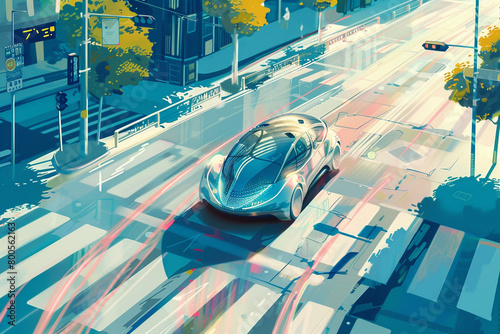 A conceptual illustration of a driverless electric car navigating city streets autonomously  photo