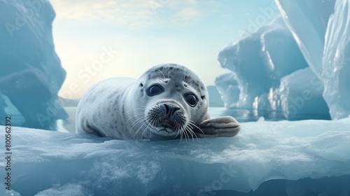 Curious seal pup lounging on icy terrain. photo
