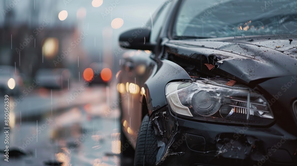 A close-up view of the front of a black car showing significant damage following an accident on the road