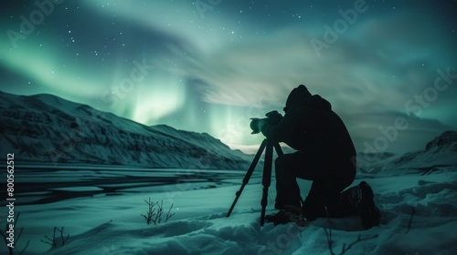 A photographer capturing the beauty of the aurora borealis with a camera set up on a snowy hillside, freezing the moment in time.