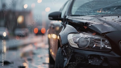 A close-up view of the front of a black car showing significant damage following an accident on the road