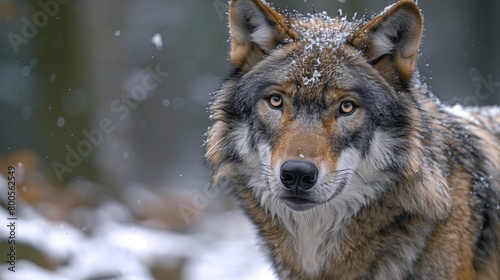 Majestic Gray Wolf Standing in Snowy Forest, Gazing Directly at the Camera, Copy Space for Text on Left