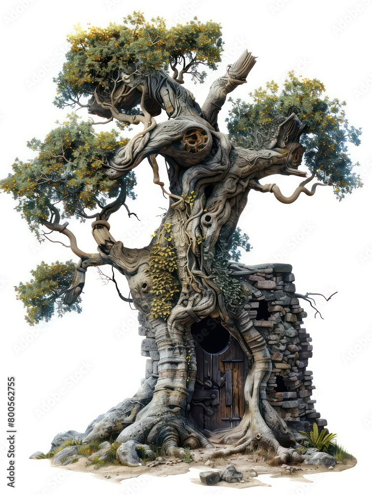 artistic illustration of an ancient gnarled tree with a hollowed trunk isolated on a white background artistic illustration of an ancient gnarled tree with a hollowed trunk isolated on a white background