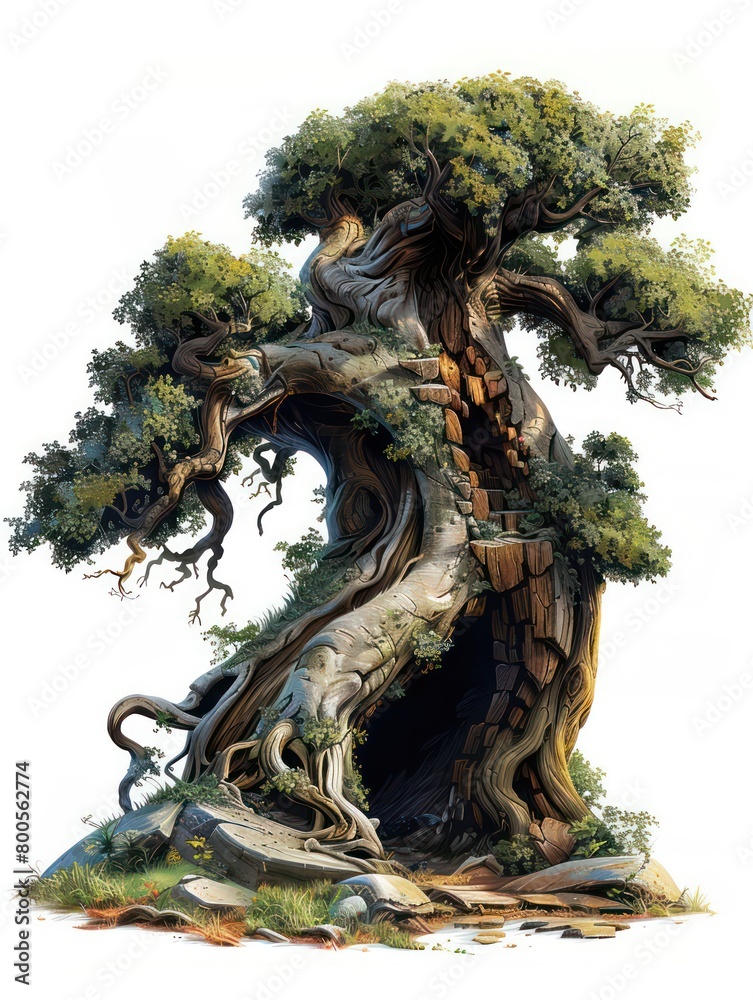 artistic illustration of an ancient gnarled tree with a hollowed trunk isolated on a white background artistic illustration of an ancient gnarled tree with a hollowed trunk isolated on a white background