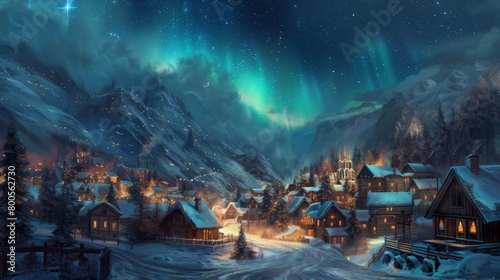 A picturesque village nestled in a valley, with the northern lights casting an enchanting glow over the quaint homes and streets. photo