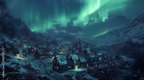 A picturesque village nestled in a valley  with the northern lights casting an enchanting glow over the quaint homes and streets.