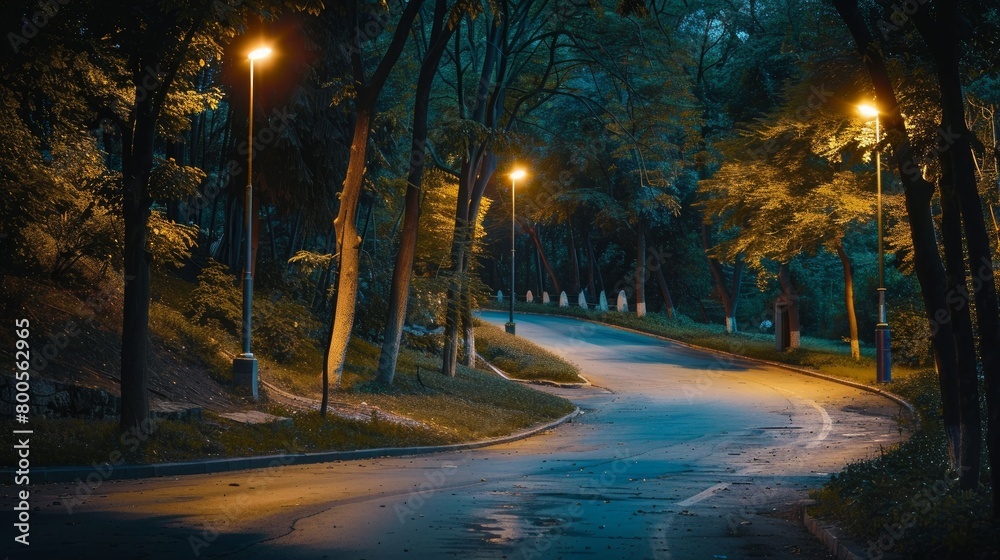 A serene nighttime scene in a national park, featuring a curvy asphalt footpath illuminated by a street lamp