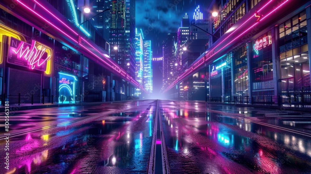 An ultra-realistic 3D rendering of a vibrant futuristic city, depicted in a cyberpunk style with neon lights
