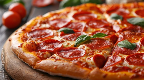 A delicious pepperoni pizza, topped with stretchy mozzarella cheese, slices of spicy salami, fresh tomatoes