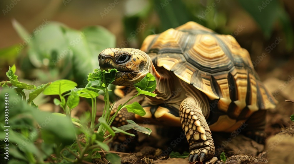 A playful tortoise stretching its neck out to nibble on fresh green leaves. A playful tortoise stretching its neck out to nibble on fresh green leaves.
