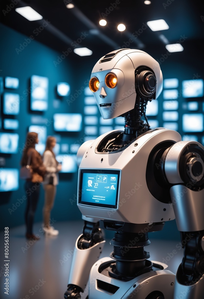 Robot is by picture frame wall displaying various characters and designs