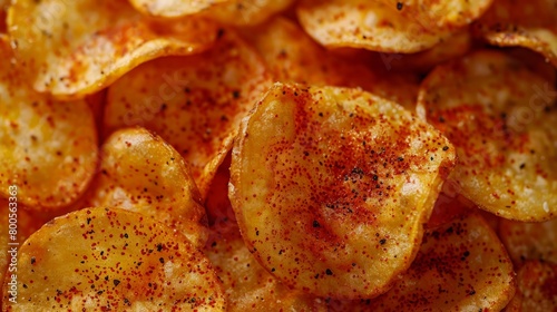 A tantalizing close-up of crispy potato chips sprinkled with paprika, emphasizing their texture and flavor.

