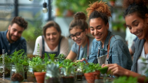 A group of coworkers participating in a team-building workshop, making DIY terrariums as a creative and bonding activity.