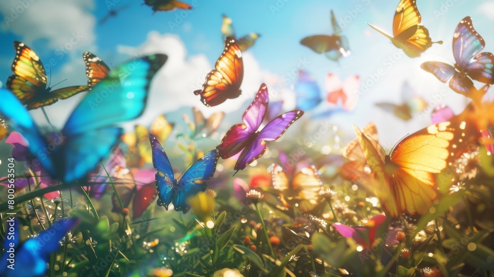 A rainbow of butterflies gracefully dancing in a sunlit meadow, a symphony of hues against a clear blue sky.