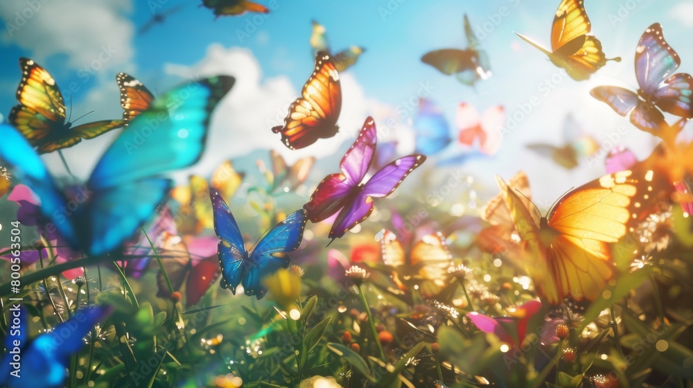 Fototapeta premium A rainbow of butterflies gracefully dancing in a sunlit meadow, a symphony of hues against a clear blue sky.