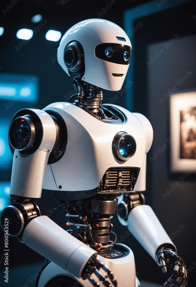 Robot is by picture frame wall displaying various characters and designs Robot is by picture frame wall displaying various characters and designs