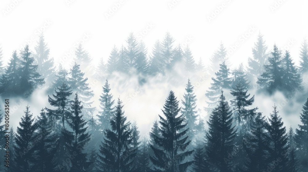 Fototapeta premium A seamless pattern featuring a foggy spruce forest with fir trees isolated on a white background.