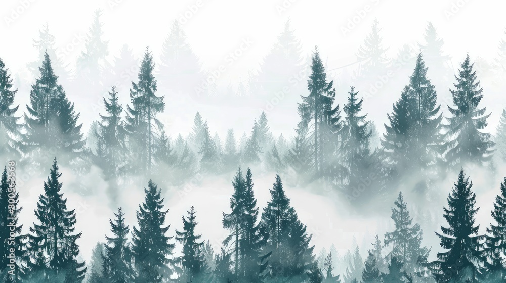 Fototapeta premium A seamless pattern featuring a foggy spruce forest with fir trees isolated on a white background.