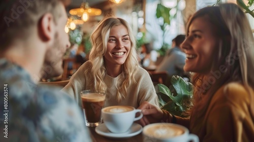 A group of friends discussing life insurance while enjoying coffee at a cafe, normalizing conversations about financial protection and security.